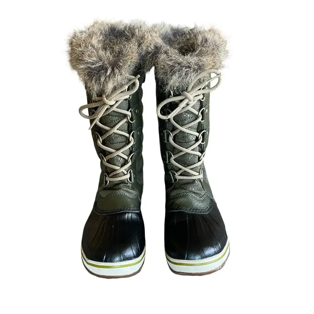 SOREL Size 4/EU 35 Green Lace-Up Faux Fur Waterproof Duck Boots Youth LY1890-213